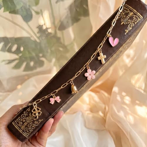 Flower Bible Charm Chain - Christian Cross Accessories Gift Scripture Faith Inspirational Cute Bow Floral Gold Metal Bookmark Jewelry Religious Decor Supplies for Study Reading Women Girls - color: Flower