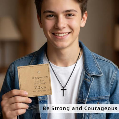 NZKNP Cross Necklace for Boy Teen Men, Birthday Gifts for Boys 8-14 - color: Black, Philippians 4:13