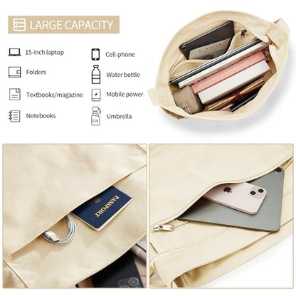 KALIDI Canvas Tote Bag Zipper Large Crossbody Shoulder Bag Messenger Bag - color: Beige