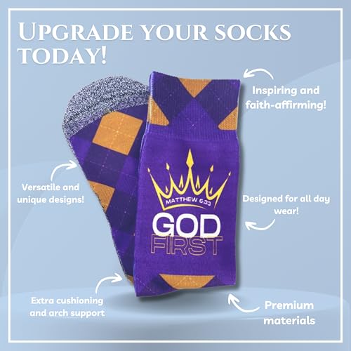 Bible Verse Socks for Men, Christian Scripture Crew Socks, Faith Gift - color: God First (Matthew 6:33)