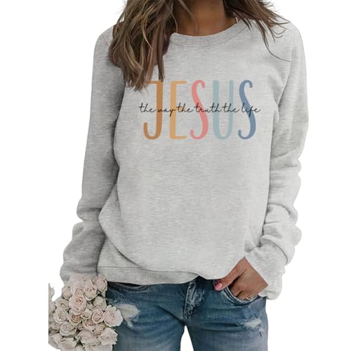 Christian Sweatshirts for Women Jesus Long Sleeve Graphic Shirts - color: Grey, size: Large