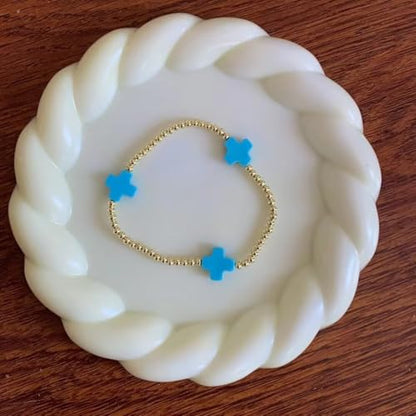 Colorful Cross Charm Bracelets for Women Men Adjustable Gold Plated Beaded Bracelet Boho Bead Ball Stretch Bracelet Birthday Summer Beach Jewelry - color: 3mm Blue