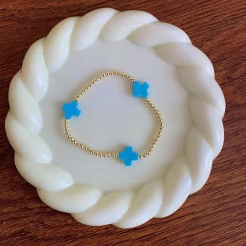 Colorful Cross Charm Bracelets for Women Men Adjustable Gold Plated Beaded Bracelet Boho Bead Ball Stretch Bracelet Birthday Summer Beach Jewelry - color: 3mm Blue
