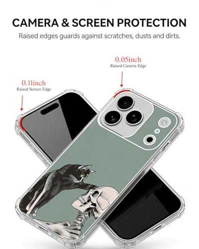 Cat and Skull Phone Case Compatible with iPhone 17 Pro, Hippie Creepy Black Cat and Skeleton Phone Cover for iPhone 17 Pro - color: Cat and Skull