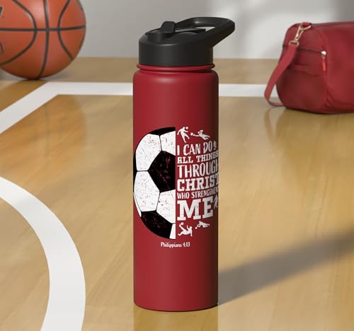 Christian Soccer Faith Graphic Bible Verse Philippians 4:13 Stainless Steel Insulated Water Bottle - color: Red