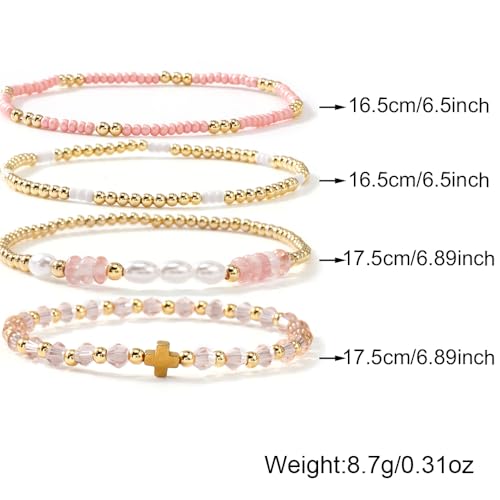 Gold Beaded Bracelets Stack for Women Stackable 14K Gold Plated Beads Ball Cross Bracelet Boho Christian Jewelry Faith Friendship Birthday Gifts for Women - color: Pink Crystal