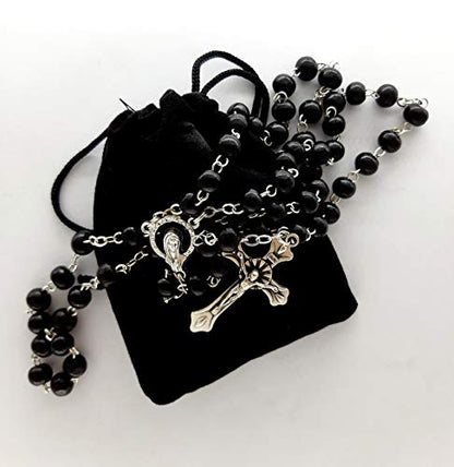 Eurofusioni Catholic Rosary beads Prayer men and women - Black wooden bead necklace and silver plated cross