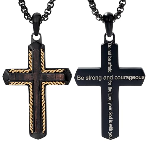Wooden Cross Necklace for Men With Stainless steel And Black Ebony Adjustable Box Chain 24–26 inches Suitable for Everyday Wear And Christian Gifts for Men - color: Black-K