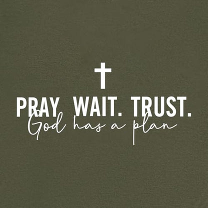 LOOKFACE Women Pray Wait Trust Soft Tees Cute Graphic T Shirts - color: Army Green, size: Large
