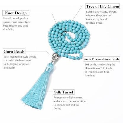 INBLUE 108 Mala Prayer Beads Wrap Necklace with Long Tassel Boho Necklace for Women Amazonite Bead Bracelet with Spiritual Tree of Life Pendant 108 Beads Necklace for Meditation - color: Natural Turquoise