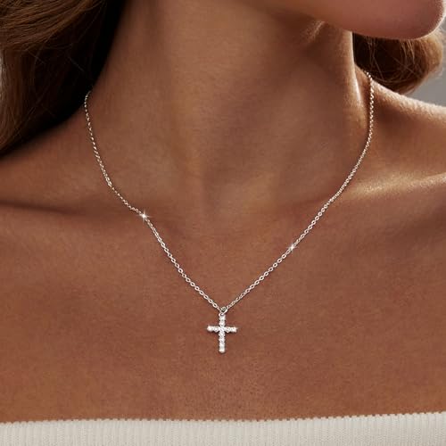 Zeffy Cross Necklace for Women,18K Gold/Silver Plated Tiny Cubic Zirconia Cross Pendant Necklace for Women Simple Layered Cross Necklaces for Women - color: Silver CZ Cross