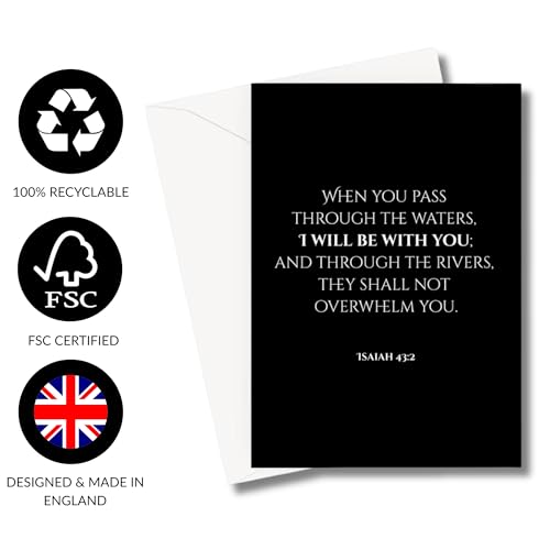 Inspiring Motivational Bible Verse Greeting Cards For Birthday, Retirement, Graduation, Sympathy, Strength, Mourning, Bereavement, Wedding Anniversary and Just Because For Christian Men and Women | Traditional Black and White Design (Isaiah 43:2) - color: