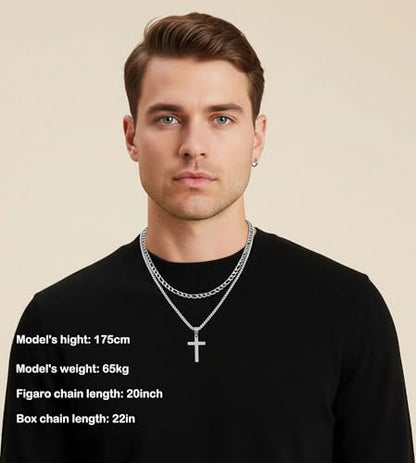 Fiusem 2 Pcs Cross Necklace Chain for Men, Stainless Steel Pendant - color: Silver, size: 16/18 Inches