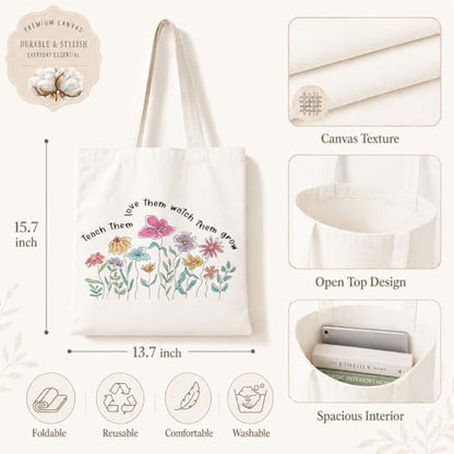 Aesthetic Flower Tote Bags, Teach Them Love Them Watch Grow, Weekend Bag, Beach Travel Bags, Teacher Thank You Gift, Useful Canvas Tote Bag, Meaningful Gifts to Teachers Parents - color: Style 08