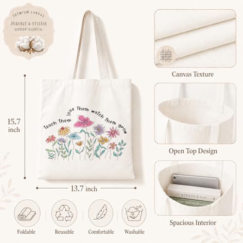 Aesthetic Flower Tote Bags, Teach Them Love Them Watch Grow, Weekend Bag, Beach Travel Bags, Teacher Thank You Gift, Useful Canvas Tote Bag, Meaningful Gifts to Teachers Parents - color: Style 08