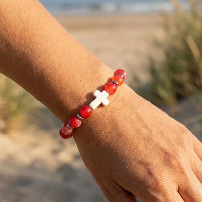 Cross Birthstone Gemstone Beaded Stretch Protection Bracelet for Man Woman, Handmade Healing Stone Chakra Beads Elastic Bracelets Accessories Fashion Jewelry Gift. - color: Red Agate