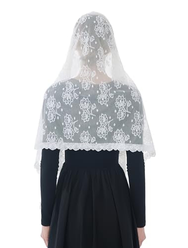 Wgior Catholic Chapel Veil – Floral Mantilla Head Covering for Church, Prayer, and Modesty – Soft Rectangular Shawl - color: White