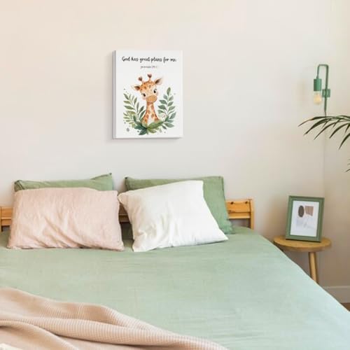 SZERE Woodland Nursery Animals Bible Verse Canvas Wall Art Decor Prints Posters, Cute Baby Giraffe Forest Nursery Room Bedroom Bathroom Playroom Wall Art Decor for Nursery Kids Teen Girls Gifts, Christian Psalm 91 Wall Art Classroom Wall Decor, Canvas Fra