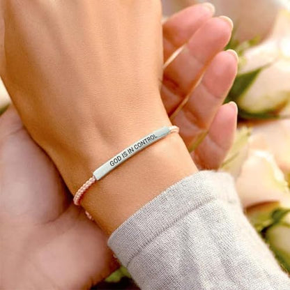 God is in Control Leather Bracelet, Stainless Steel Christian Faith Braided Engraved Bar Bracelets Self Worth Motivation Bracelet Inspirational Friendship Jewelry for Men Women - color: Pink&Silver