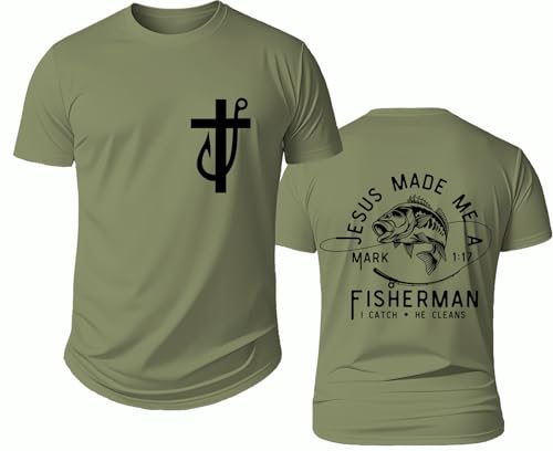 Fishers of Men Shirt, Funny Fishing Shirts, Jesus Made Me A Fishermen Tee - color: Green-y, size: 3X-Large