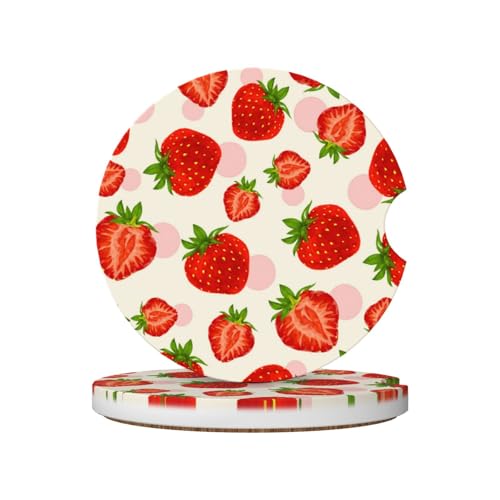 Strawberry Car Coasters for Cup Holder - Absorbent Ceramic 2 Pack With Anti-Slip Cork Base and Finger Notch - Interior Accessories for Women Men 2.56" - color: Strawberry