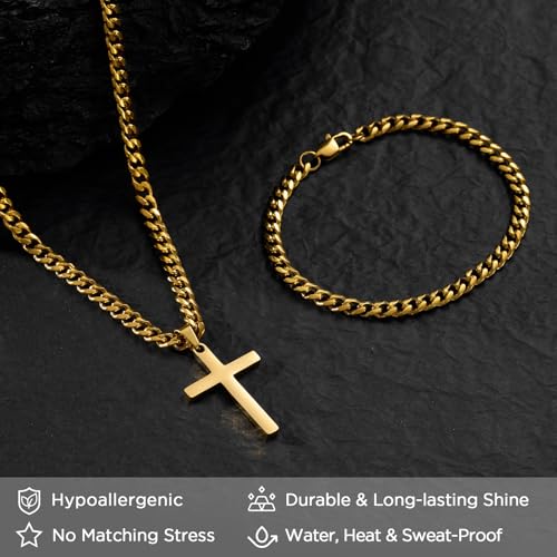 NORBU Stainless Steel Cross Necklace and Bracelet Set for Men, Cuban Link - color: Gold Cuban
