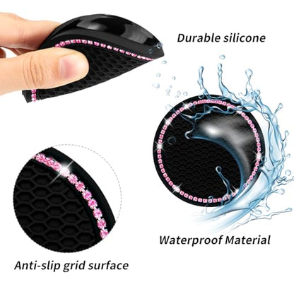Senose Car Coasters, Bling Car Accessories for Women, Black Pink, 2 Pack