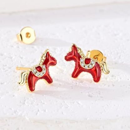 LAZA 925 Sterling Silver Stud Earrings for Women Cat and Sunflower Earrings - color: Gold Horse