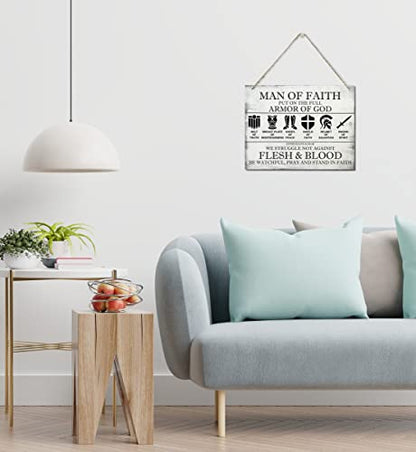 Printed Wood Plaque Sign Wall Hanging, Put on the Full Armor of God Quote Scripture Rustic Man Of Faith Hanging Wall Plaque Wood Signs, Ephesians 6:10-18 Christian Sign - color: Ephesians 6:10