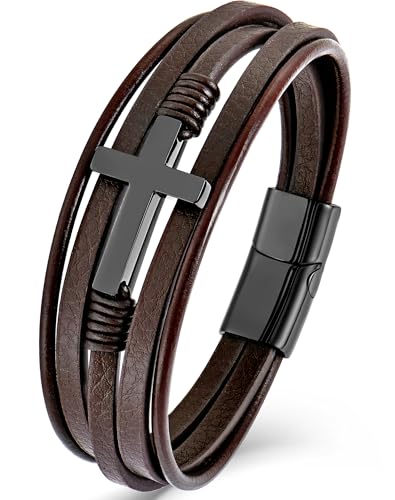 YL Cross Masonic Leather Mens Bracelet, 18K Gold/Black Rhodium Plated Christian Religious 316L Stainless Steel Brown Cuff Handcrafted Jewelry Gifts - color: Cross A-Brown, size: 9.1"(230mm)