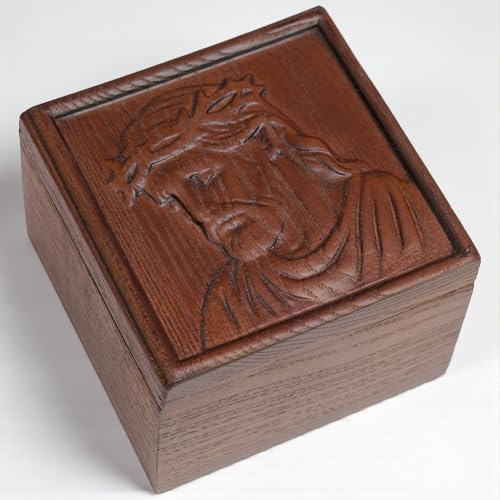 KATINAT Hand-Carved Wooden Jesus Prayer Box – Christian Keepsake Box for Rosary, Bible Verse & Religious Jewelry, Catholic Gift for Men & Women, Spiritual Wooden Box for Faith, Memorial & Devotion - color: KAt- CL Jesus Keepsake Box