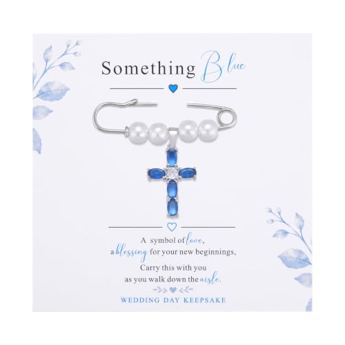 Ralukiia Something Blue Gifts for Bride, Blue Cross Bridal Bouquet Charm Pin with Pearl, Christian Wedding Keepsake, Bridal Shower Gift, Wedding Day Accessory for Daughter Bride - color: Cross Pin