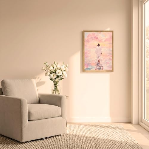 Christian Wall Art, Jesus Walking on Water Canvas Painting, Biblical Miracle Scene, 3D Textured Sandstone Style Wood Framed Artwork for Prayer Room Bedroom 24x16 Ready to Hang - color: Pink Jesus Walking On Water, size: 24"L x 16"W