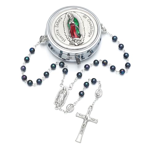 KOMI 6mm Glass Pearl Rosary Beads Catholic for Women with Metal Rosary Box Religious Gifts - style: Guadalupe-black