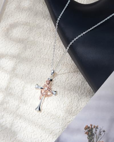 ACECHA Silver Cross Necklace for Women, Crosses Pendant with Birthflower - color: White Silver-Rose