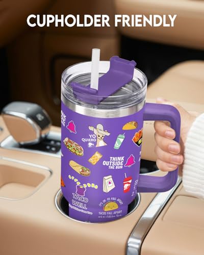 Funny Taco Tumbler 40oz with Handle and Straw, Taco gifts - color: Taco Purple
