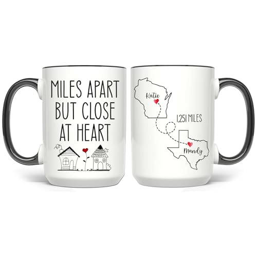 Personalized Miles Apart But Close At Heart Mug - Personalized Long Distance State To State- Moving Away Cup - Bestie Birthday Gift - Custom Map State Distance Coffee Mug - color: DISTANT-MAP-M2
