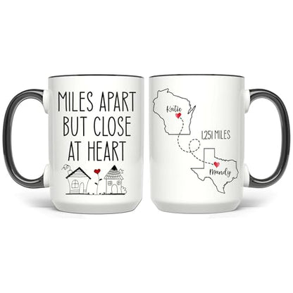 Personalized Miles Apart But Close At Heart Mug - Personalized Long Distance State To State- Moving Away Cup - Bestie Birthday Gift - Custom Map State Distance Coffee Mug - color: DISTANT-MAP-M2
