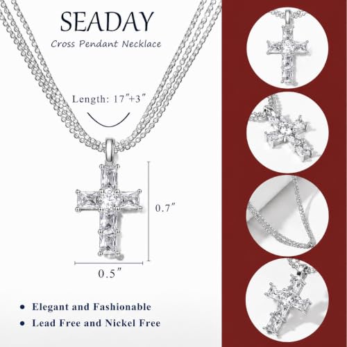SEADAY Layered Gold Necklace for Women,14K Plated Stackable Pendant Set - color: Silver - Diamond Cross