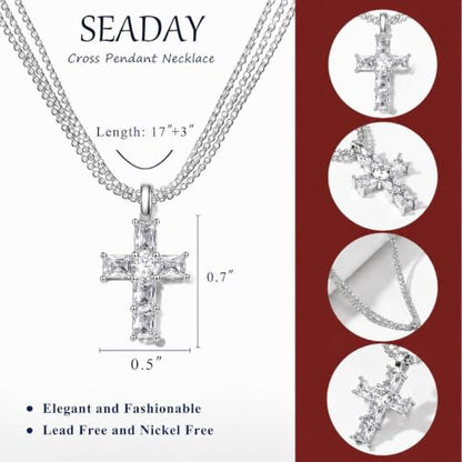 SEADAY Layered Gold Necklace for Women,14K Plated Stackable Pendant Set - color: Silver - Diamond Cross