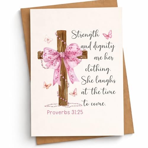 Strength and Dignity Are Her Clothing Card Christian Encouragement Cards Proverbs 31:25 Bible Verse Inspirational Spiritual Greeting Gift for Woman Mom Daughter Sister Friend Bestie Pastor's Wife Niece Mentor - color: Strength And Dignity Proverbs 31:25