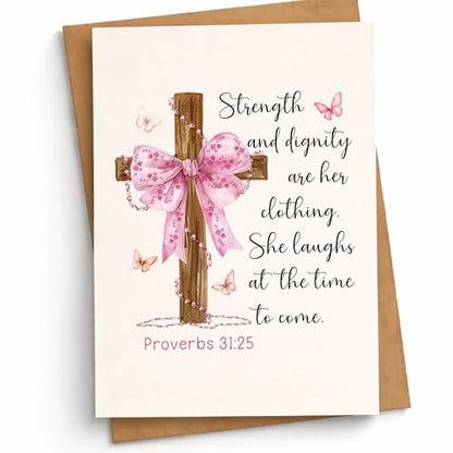 Strength and Dignity Are Her Clothing Card Christian Encouragement Cards Proverbs 31:25 Bible Verse Inspirational Spiritual Greeting Gift for Woman Mom Daughter Sister Friend Bestie Pastor's Wife Niece Mentor - color: Strength And Dignity Proverbs 31:25