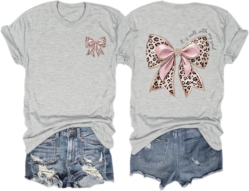 Leopard Bow Shirt Cheetah Bow Shirt Christian Shirts for Women Faith Bible Verse Shirts God Coquette Graphic Tees - color: Light Gray, size: X-Large