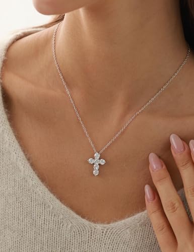 ASHINE Icy Brilliance Cross Pendant Necklace, 20" Adjustable Cable Chain - color: White Gold