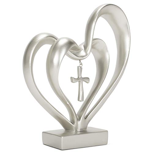Marriage Takes Three Matte Silver Finish 13X8 inch Cross in Middle of Hearts Tabletopper - color: Silver Tone