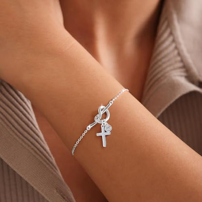 Moodear Cross Bracelet for Women, Dainty Sterling Silver/Gold Plated Gift - color: Silver Knot Cross Bracelet
