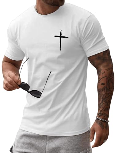 Mens Short Sleeve Cotton T-Shirts Crew Neck Jesus Cross Printed Shirts Faith Christ Shirts - color: White, size: Small