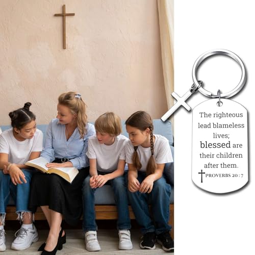 GiftYou Inspirational Scripture Metal Key Chains with Cross Pendant - Bible Verse Keychain Religious Gift for Christian - color: Proverbs 20:7