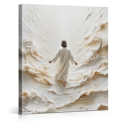 Christian Jesus Walking on Water Wall Art Print - Jesus Walking Into Light Canvas Picture Painting Religious Wall Decor for Home Farmhouse Prayer Room 8x10 Framed - color: color-L