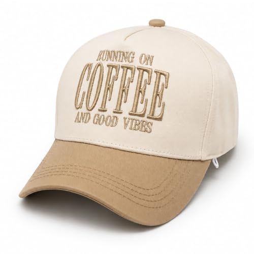 THE INSPIRATION CO. Running on Coffee Embroidered Hat - Trendy Coffee Lover Cap, Adjustable Snapback Baseball Hat - color: Tan